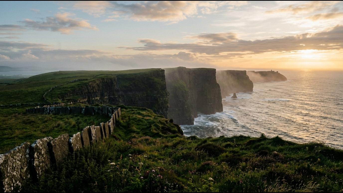 Sea cliffs and stone walls on Ireland's west coast at sunset